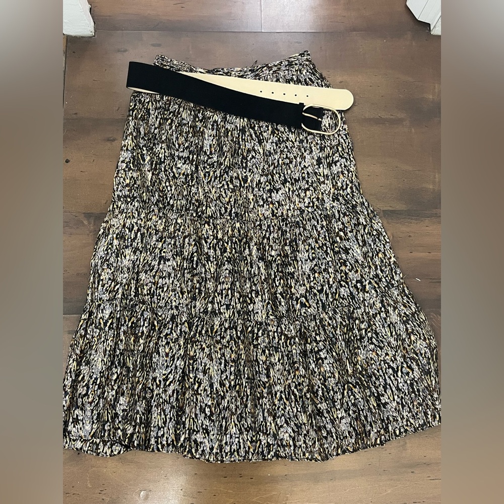 ba&sh Black and Gold Patterned Pleated A-Line Midi Skirt